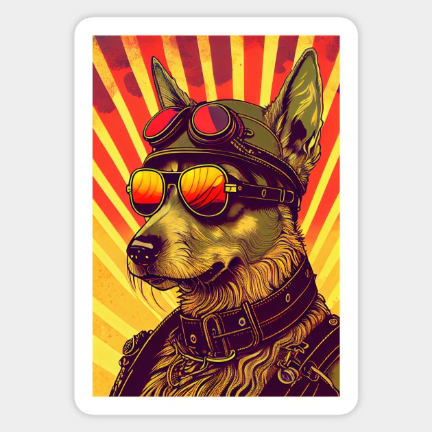 Cool psychedelic dog wearing sunglasses and uniform Sticker by dholzric